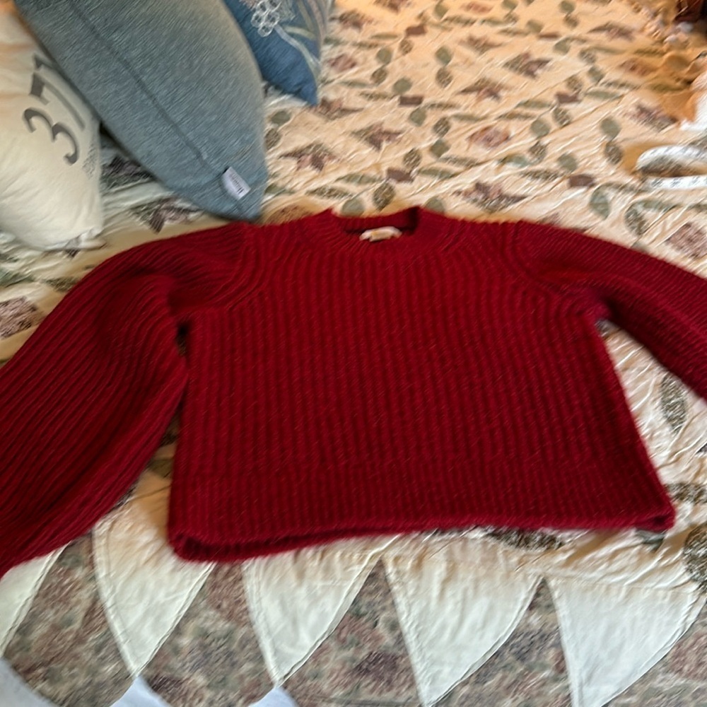 Boden S red balloon sleeve crop sweater acrylic-wool- poly-yak blend ribbed EUC